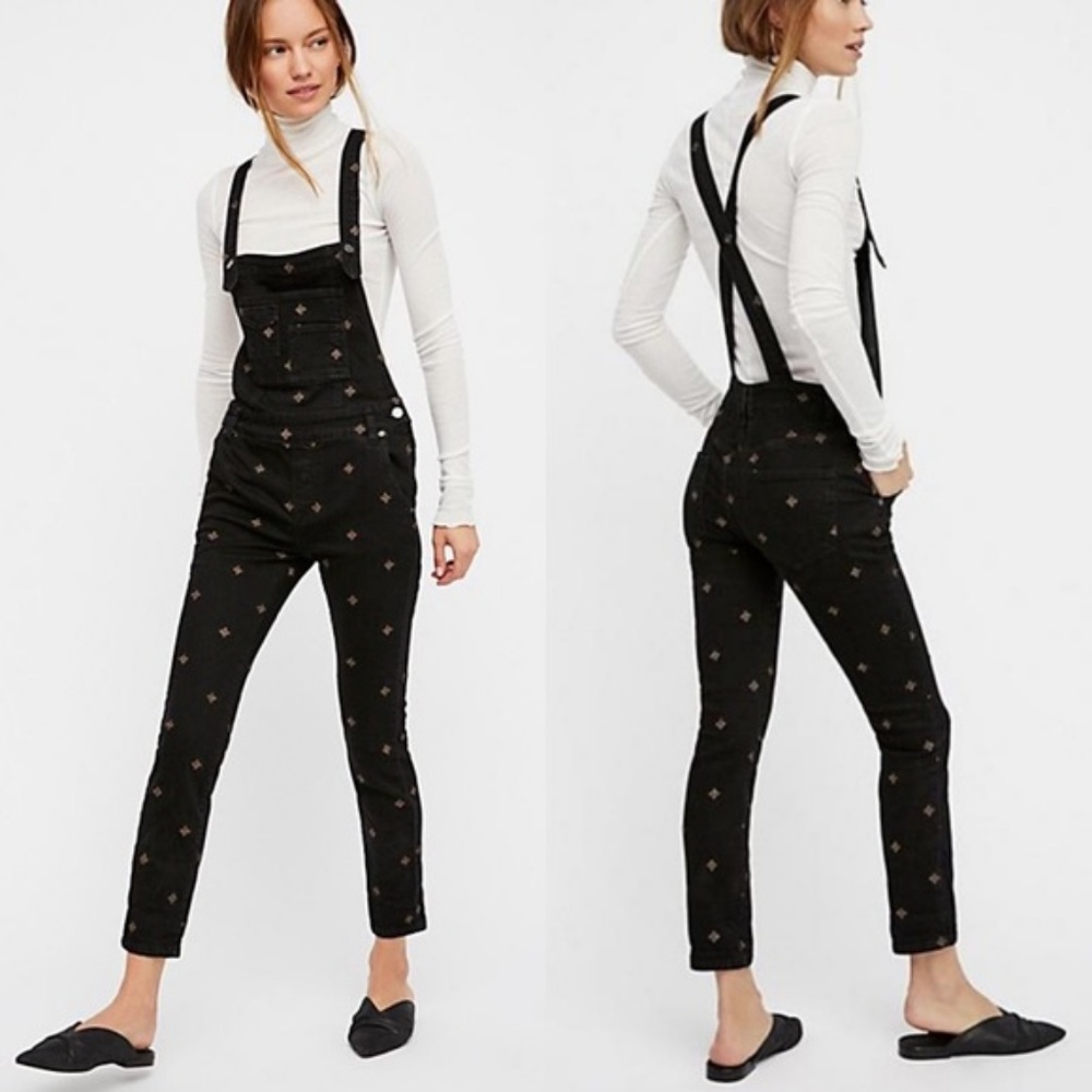 We The Free Black Embroidered Overalls